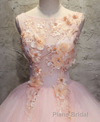 Pink Round Neck Tulle Lace Long Formal Prom Dresses, Lace Prom Dresses