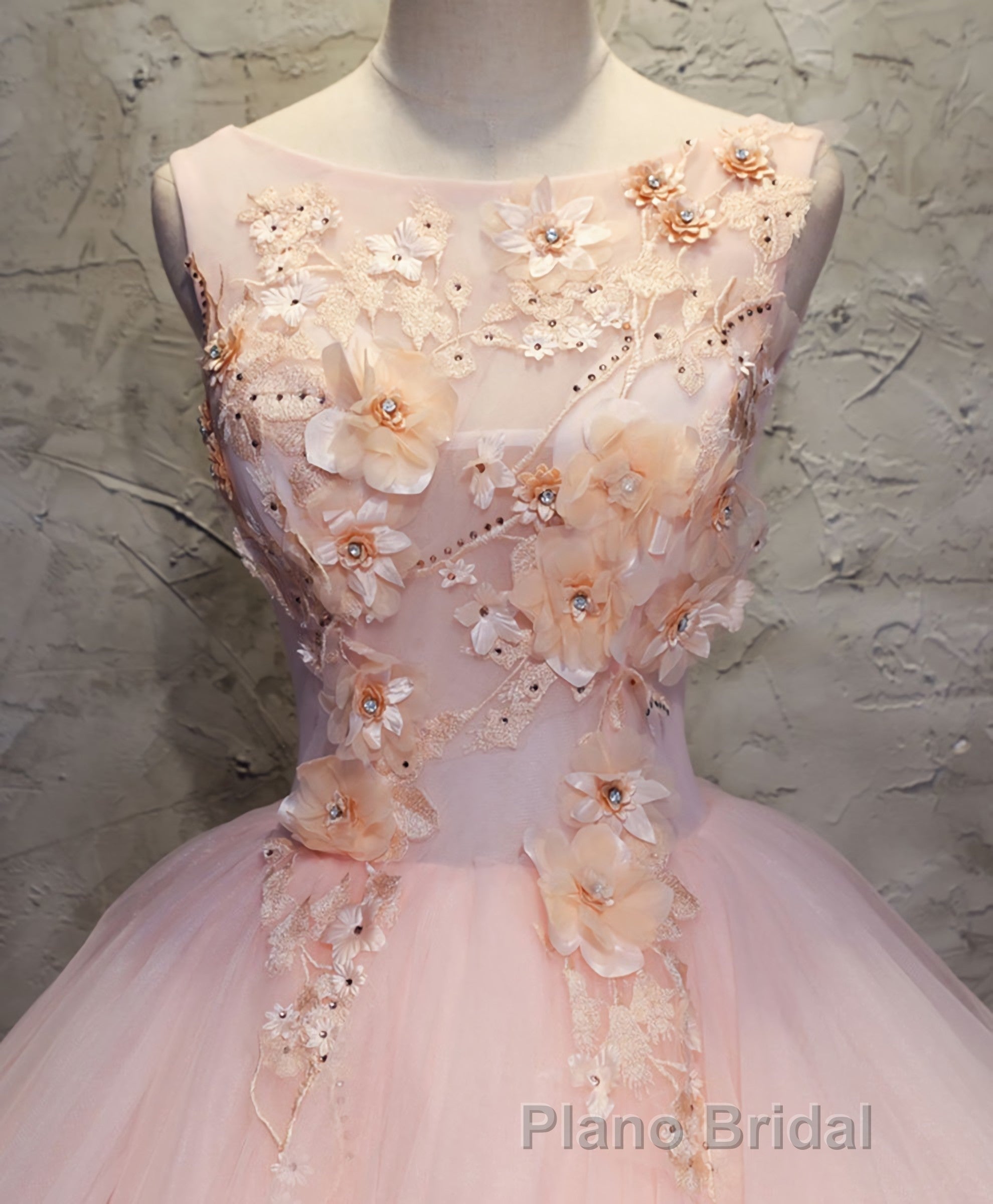 Pink Round Neck Tulle Lace Long Formal Prom Dresses, Lace Prom Dresses