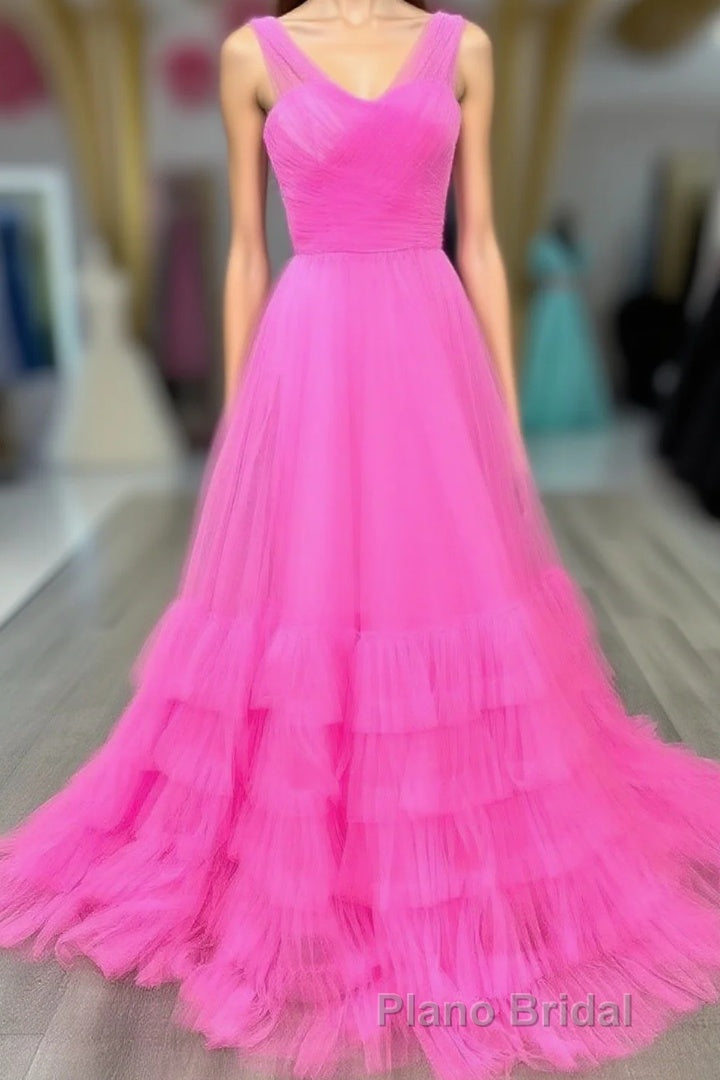 Hot Pink Illusion Strapless A-line Layers Tulle Long Formal Prom Dresses Main image