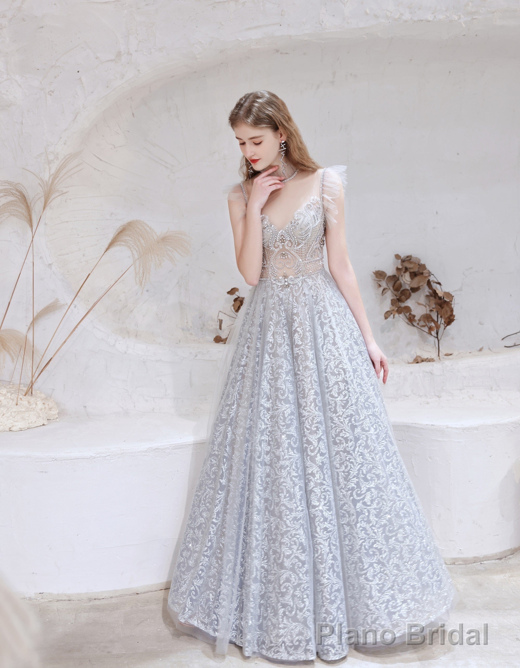 Gorgeous Beading High Neck Tulle Evening Dress, With Cape Sleeves Secondary image