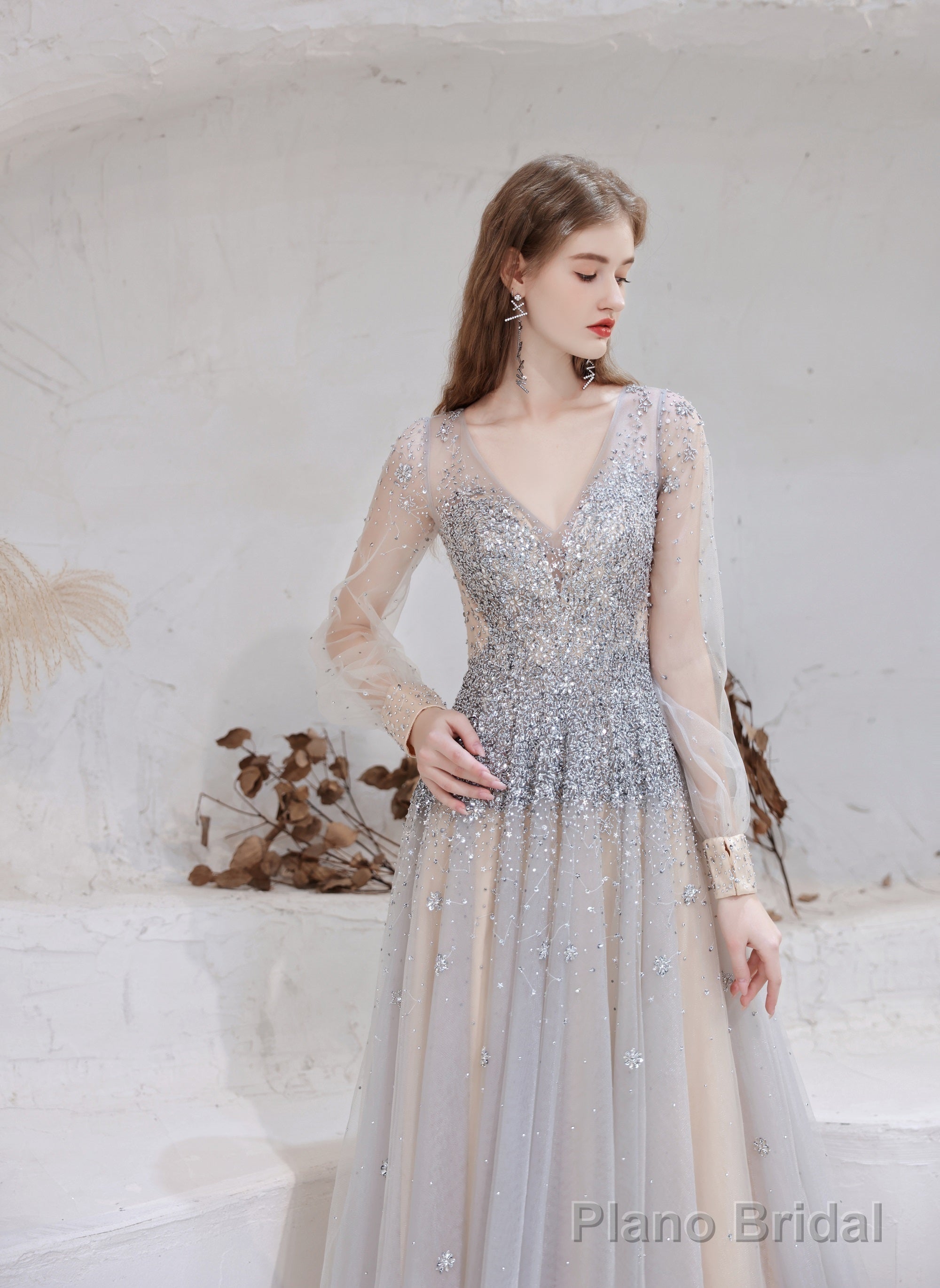 Champagne Prom Dresses Tulle Beading Luxury V Neck Long Sleeves Evening Dress 2025 Long Evening Party Dresses Women Robe De Luxe Femme Backless A Line Prom Gown
