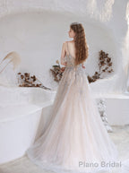 A Line Bateau Prom Dress, Long Neck With Train Sleeveless Zipper Formal Party Dresses