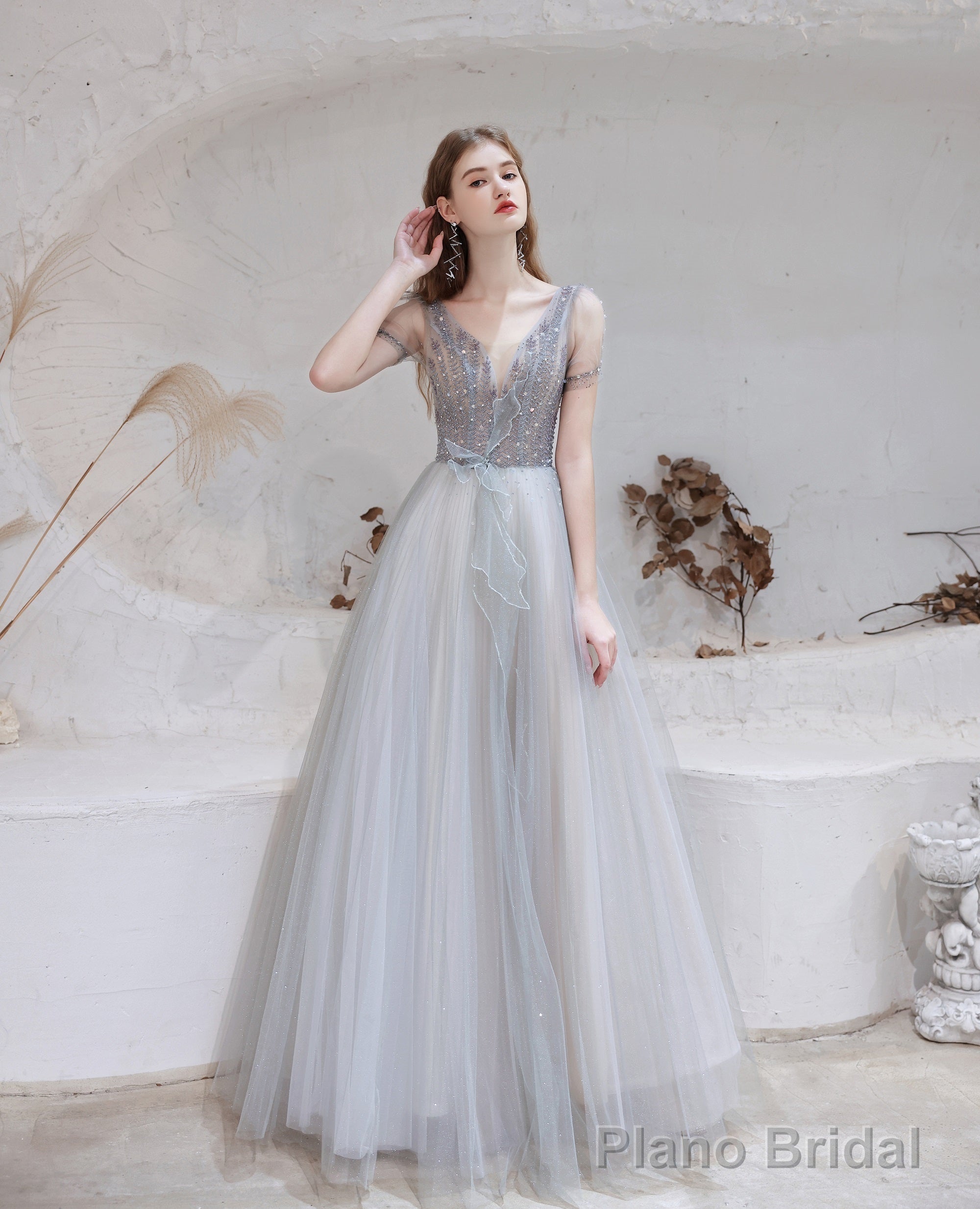 Elegant Prom Dress, Formal V Neck Short Sleeves Beaded Tulle Dresses, A Ling Floor Length Main image