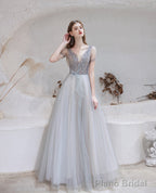 Elegant Prom Dress, Formal V Neck Short Sleeves Beaded Tulle Dresses, A Ling Floor Length