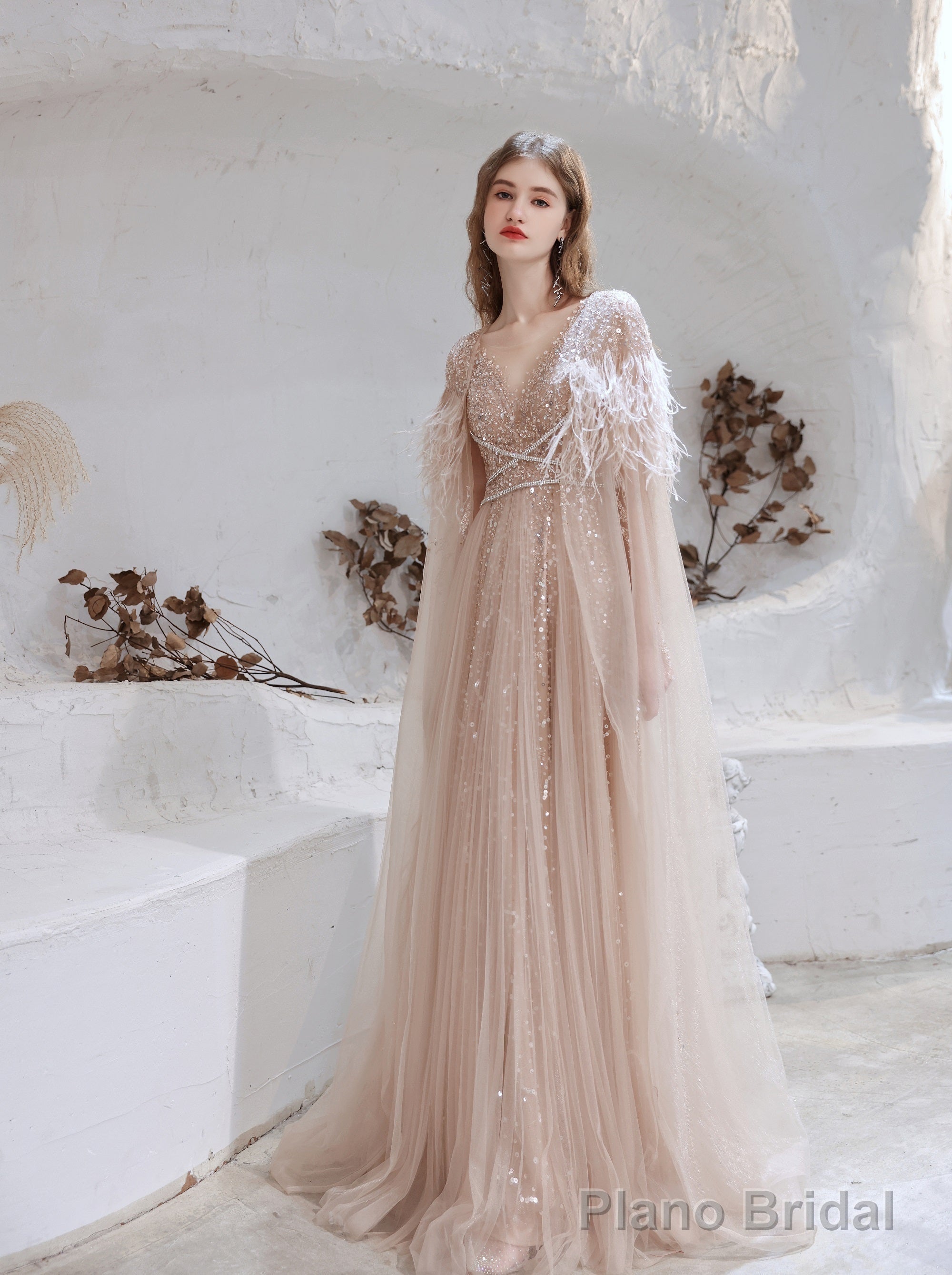 Luxury Champagne Evening Dress, Long Evening Party Prom Dresses, A Line Prom Gown Main image