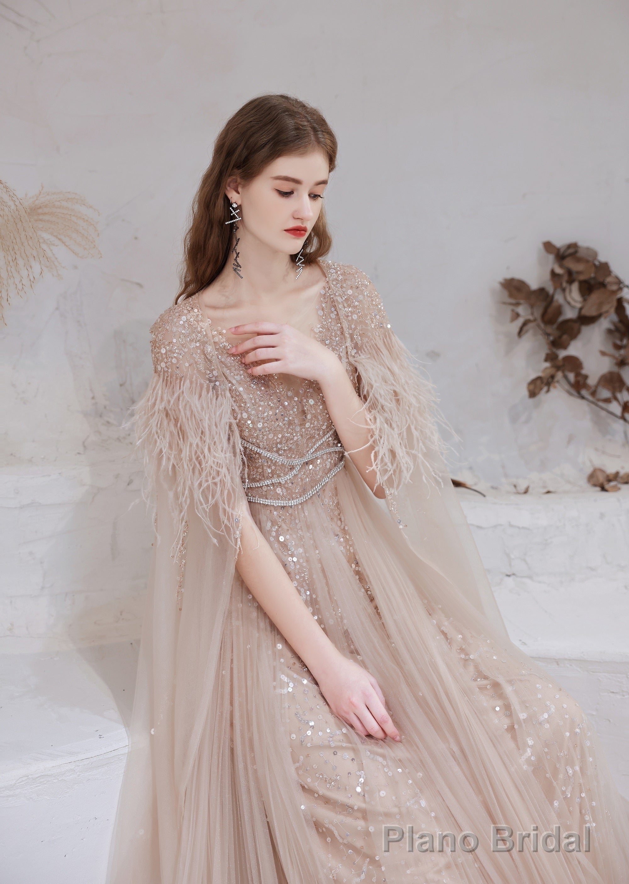 Luxury Champagne Evening Dress, Long Evening Party Prom Dresses, A Line Prom Gown