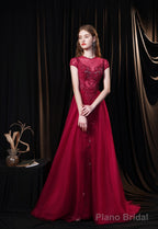 Cap Sleeves Prom Dress 2025 Beading Appliques Tulle Scoop Floor Length Burgundy Prom Dresses