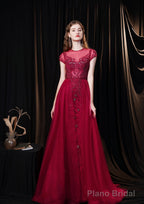 Cap Sleeves Prom Dress 2025 Beading Appliques Tulle Scoop Floor Length Burgundy Prom Dresses