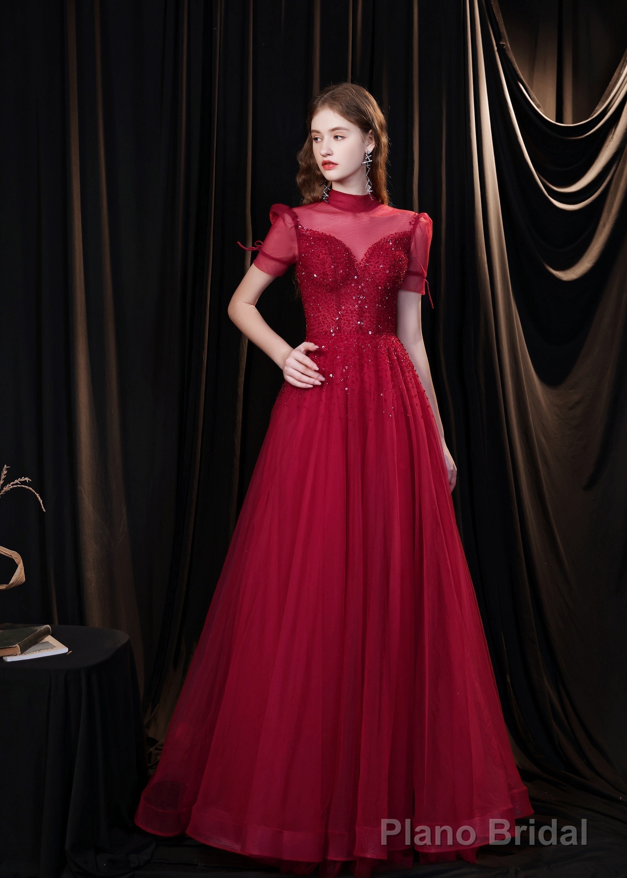 Burgundy Prom Dresses, Tulle High Neck Cap Sleeve Backless Beading Prom Dress Main image