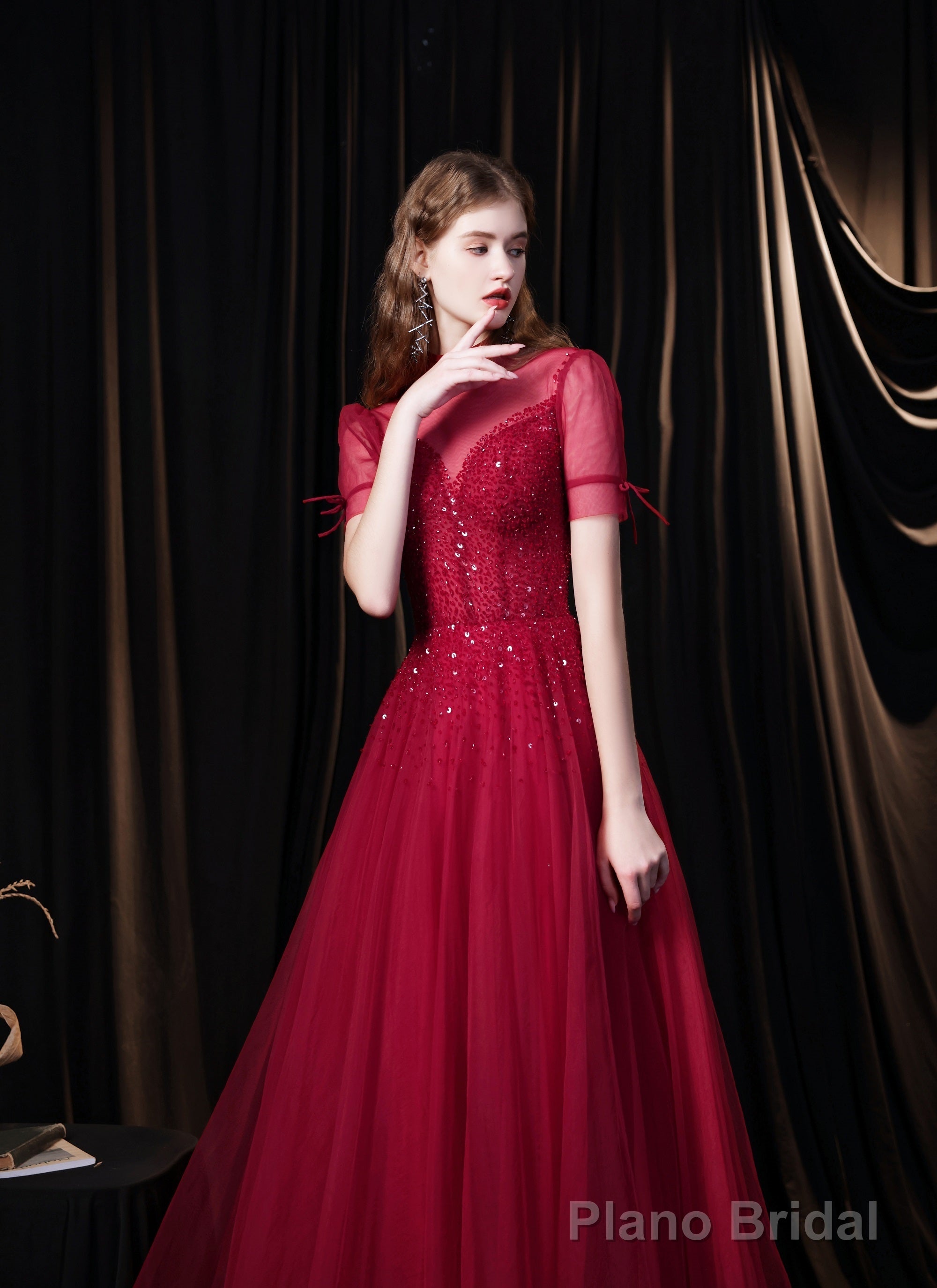 Burgundy Prom Dresses, Tulle High Neck Cap Sleeve Backless Beading Prom Dress