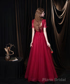 Burgundy Prom Dresses, Tulle High Neck Cap Sleeve Backless Beading Prom Dress