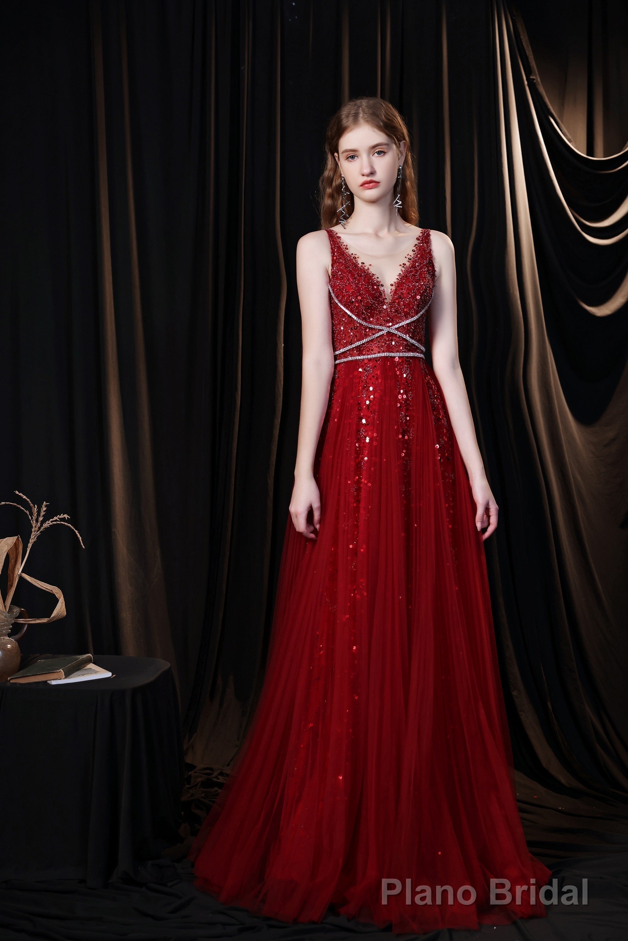 Luxury Burgundy Evening Dress, Long Evening Party Prom Dresses, A Line Prom Gown