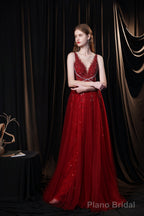 Luxury Burgundy Evening Dress, Long Evening Party Prom Dresses, A Line Prom Gown