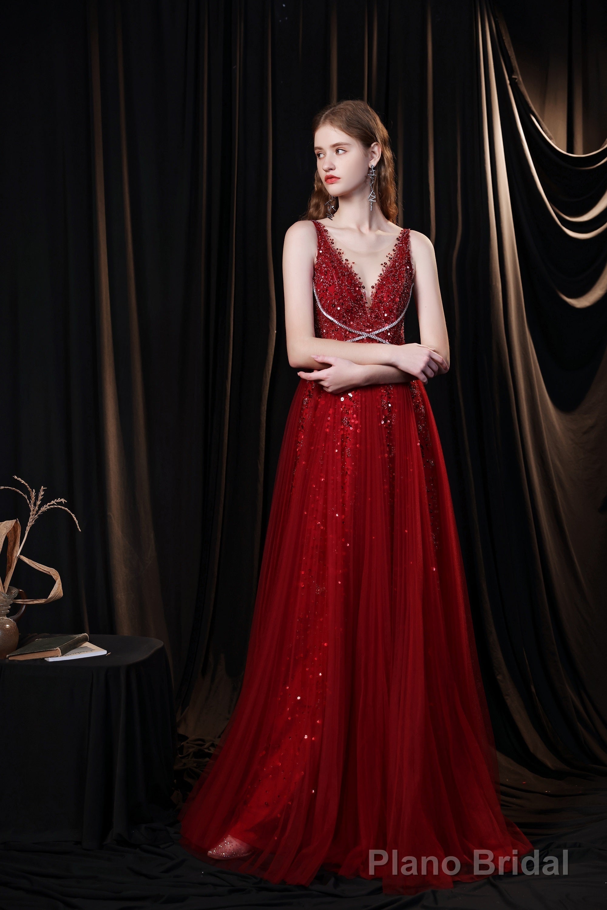 Luxury Burgundy Evening Dress, Long Evening Party Prom Dresses, A Line Prom Gown