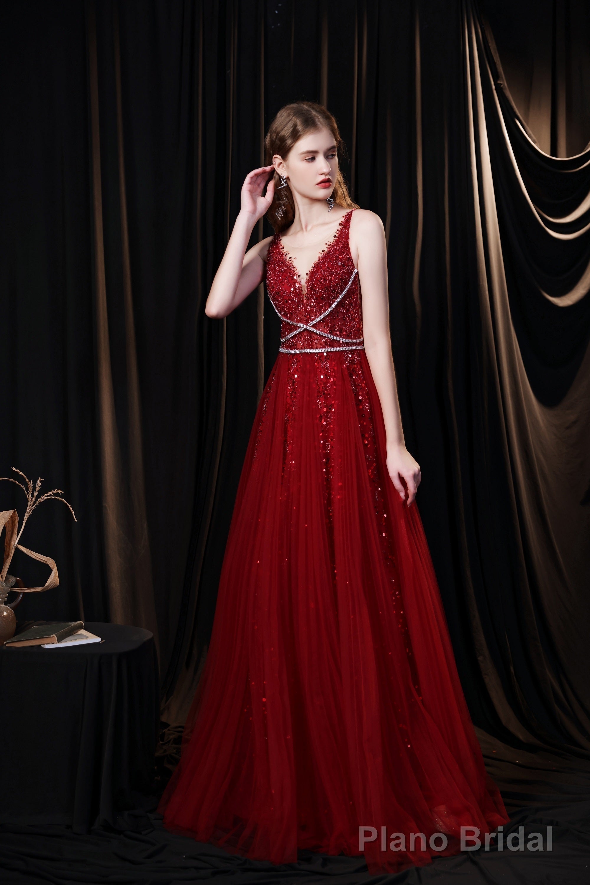 Luxury Burgundy Evening Dress, Long Evening Party Prom Dresses, A Line Prom Gown Main image