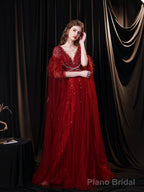 Luxury Burgundy Evening Dress, Long Evening Party Prom Dresses, A Line Prom Gown