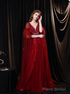 Luxury Burgundy Evening Dress, Long Evening Party Prom Dresses, A Line Prom Gown