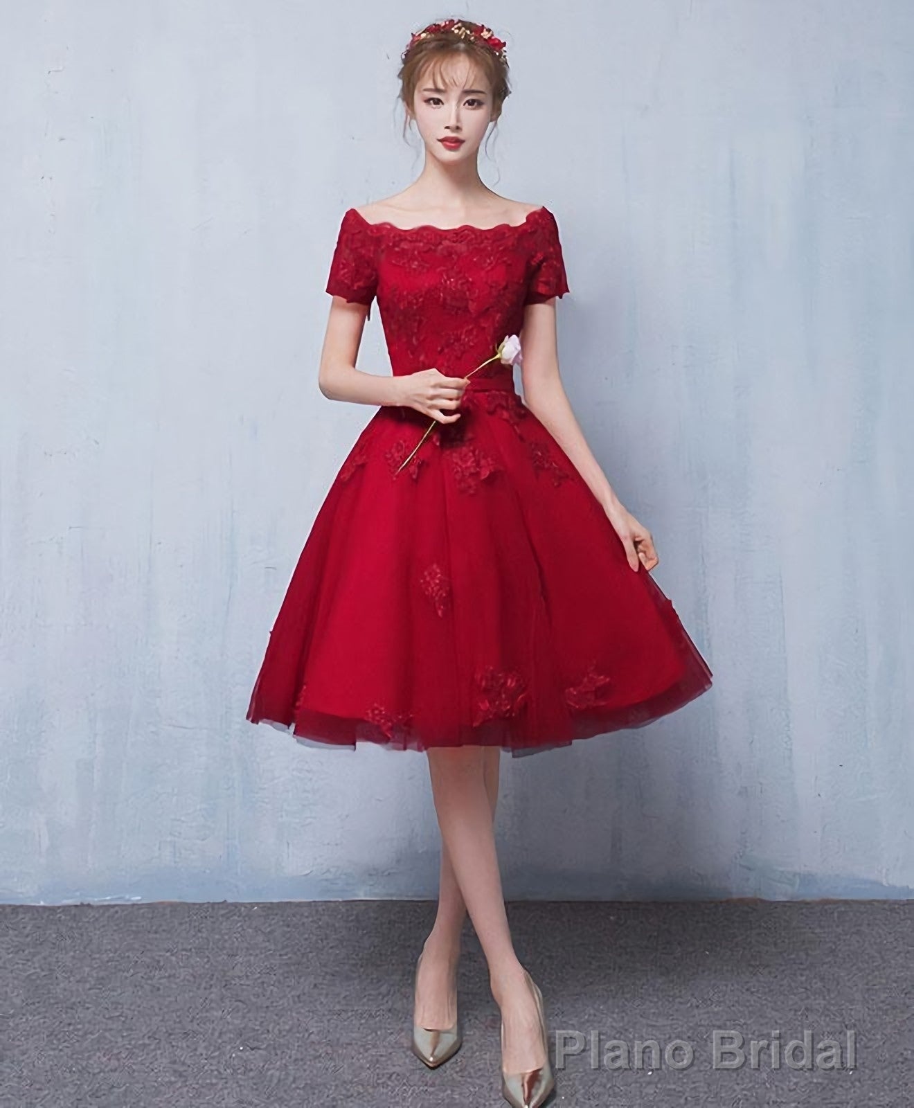 Burgundy Tulle Lace Short Prom Dress Burgundy Lace Homecoming Dress Main image