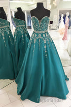 Green A Line Floor Length Sweetheart Sleeveless Beading Formal Prom Dresses