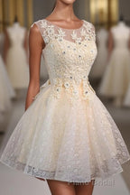 Champagne Lace Round Neck Short Formal Prom Dresses, Bridesmaid Dresses