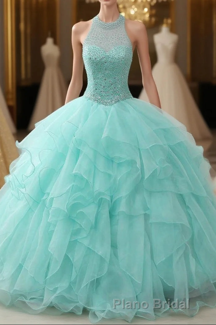 Mint Ball Gown Floor Length Halter Keyhole Back Beading Ruffles Formal Prom Dresses Main image