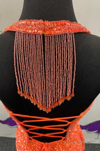 Orange Sequin Halter Fringe Short Homecoming Dress