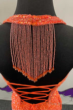 Orange Sequin Halter Fringe Short Homecoming Dress