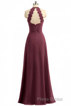 Burgundy Chiffon Halter Long Bridesmaid Dresses with Lace Strap