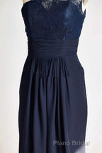 One-Shoulder Navy Blue Lace Long Bridesmaid Dresses