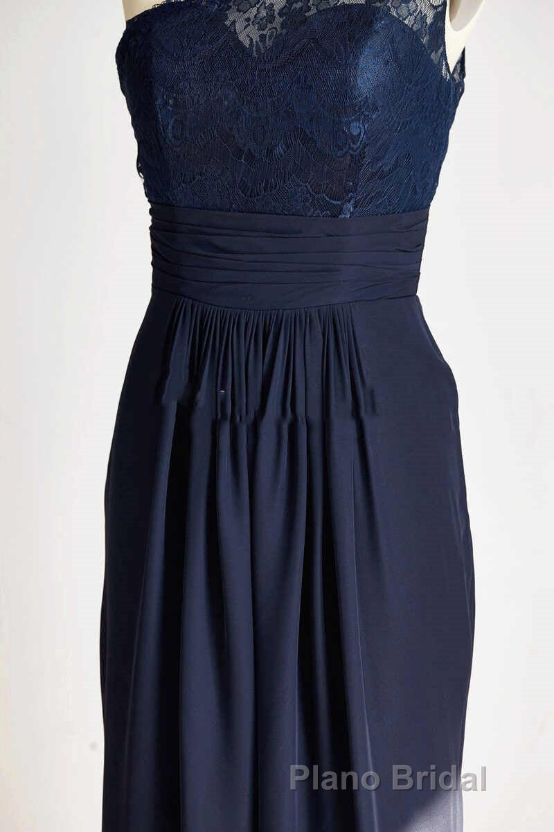 One-Shoulder Navy Blue Lace Long Bridesmaid Dresses