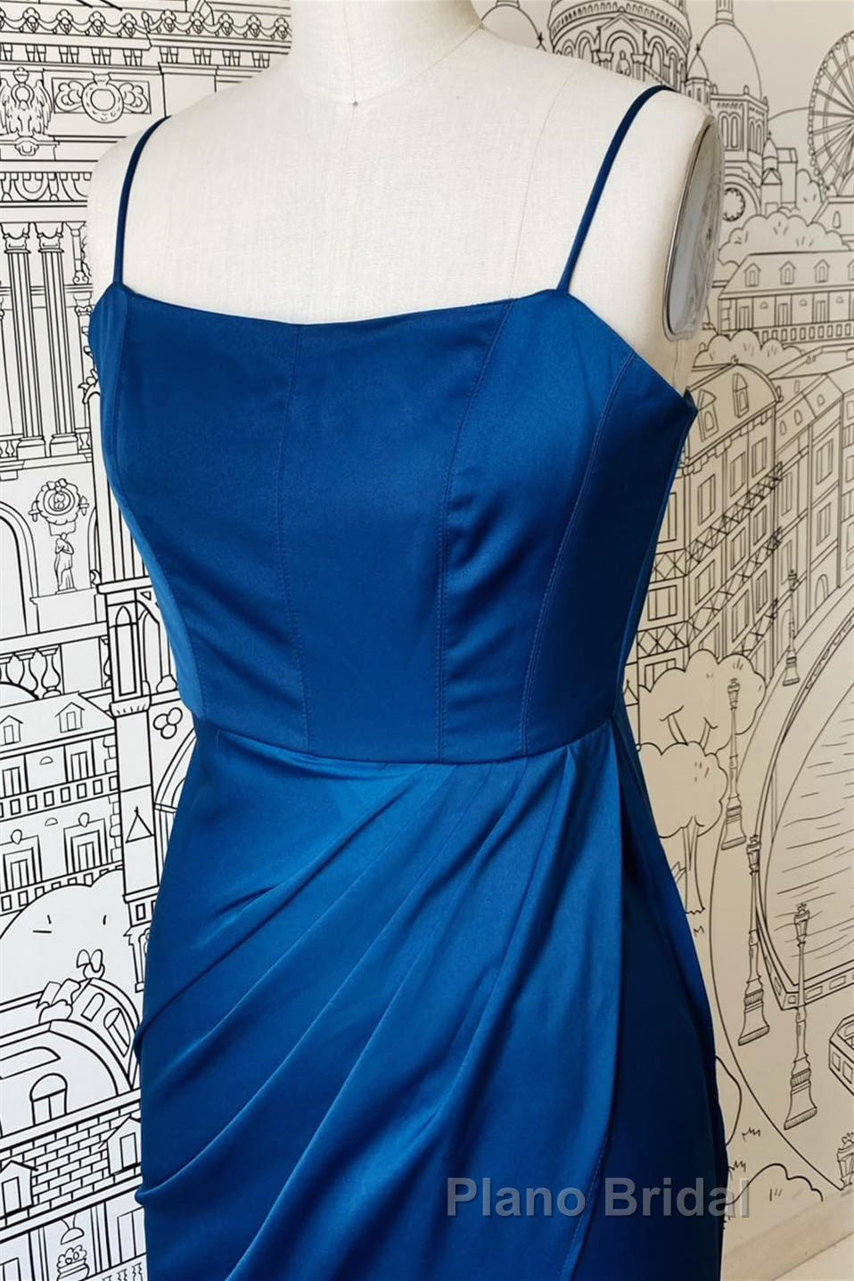 Sheath Spaghetti Straps Satin Long Bridesmaid Dresses with Slit