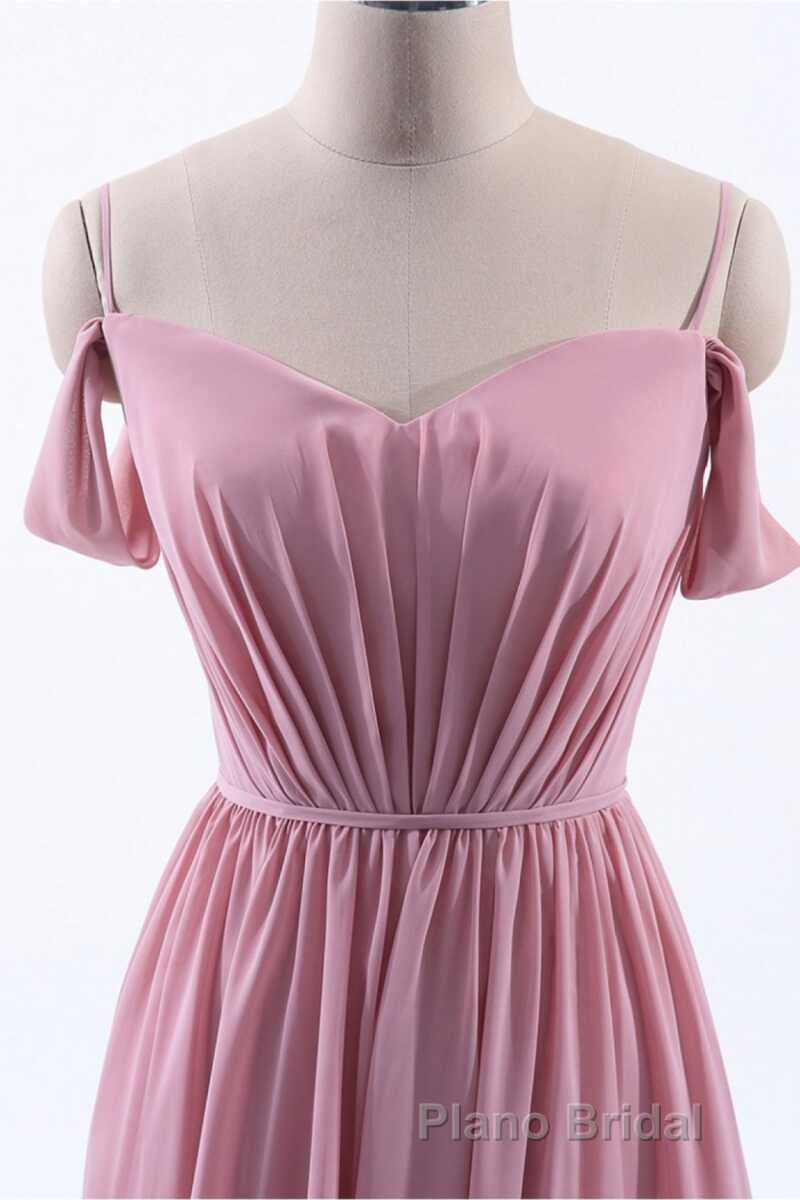 Dusty Pink Chiffon Cold-Shoulder A-Line Long Bridesmaid Dresses