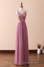Dusty Purple Sequin Spaghetti Straps A-Line Long Bridesmaid Dresses