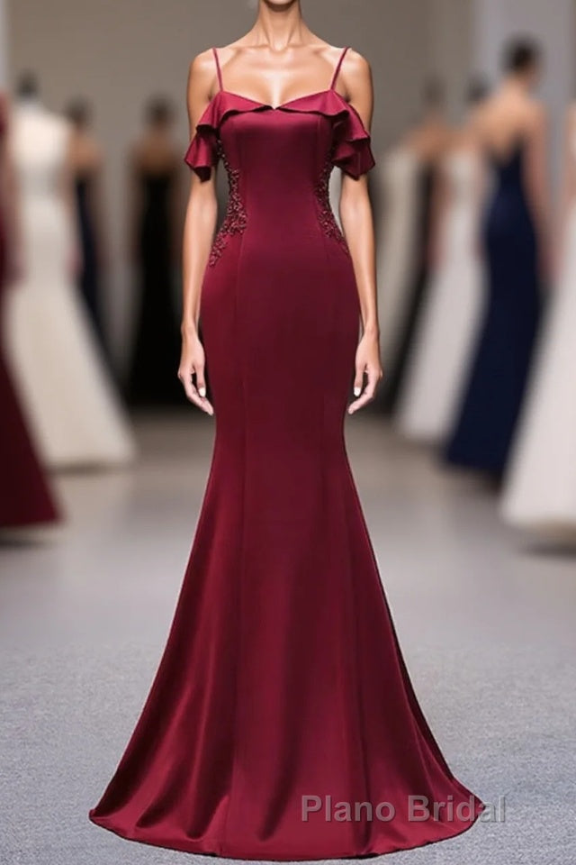 Wine Red Mermaid Sweetheart Straps Long Prom Dresses, Wine Red Formal Prom Dresses Main image