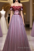Pink Tulle Lace Applique Long Formal Prom Dresses, Evening Dresses