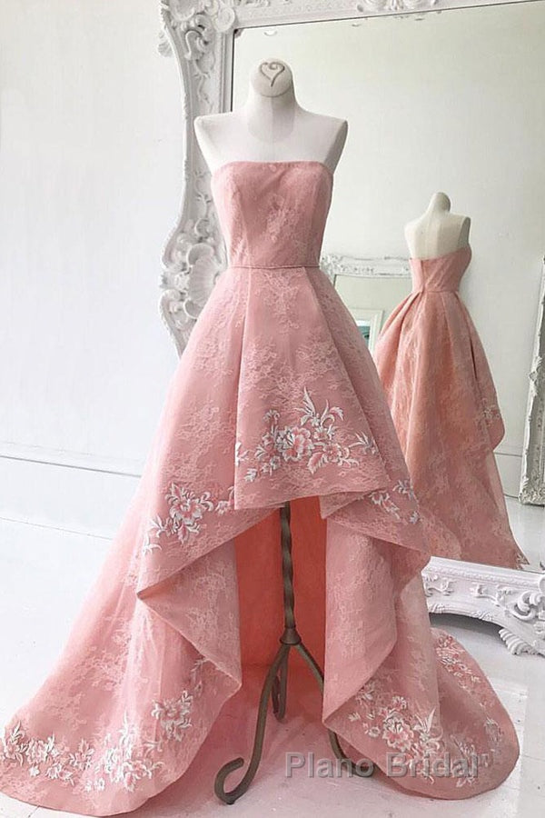 Charming Modest Pink A Line High Low Strapless Zipper Back Formal Prom Dresses