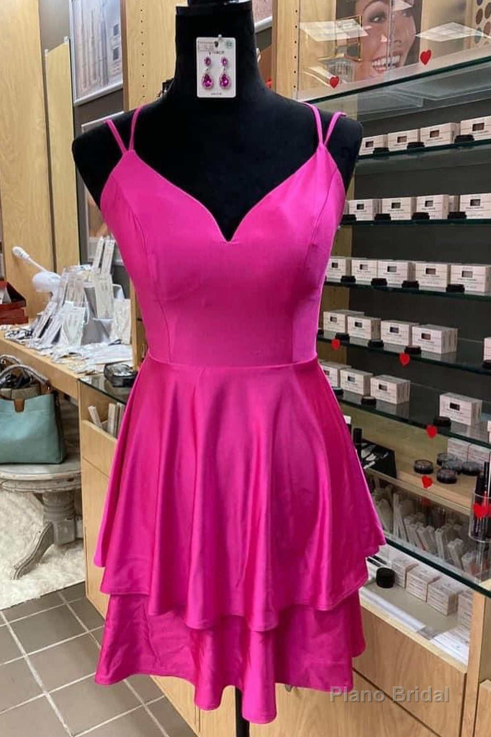 Fuchsia V Neck Lace-Up Back Satin Multi-Layers Mini Homecoming Dress