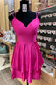 Fuchsia V Neck Lace-Up Back Satin Multi-Layers Mini Homecoming Dress
