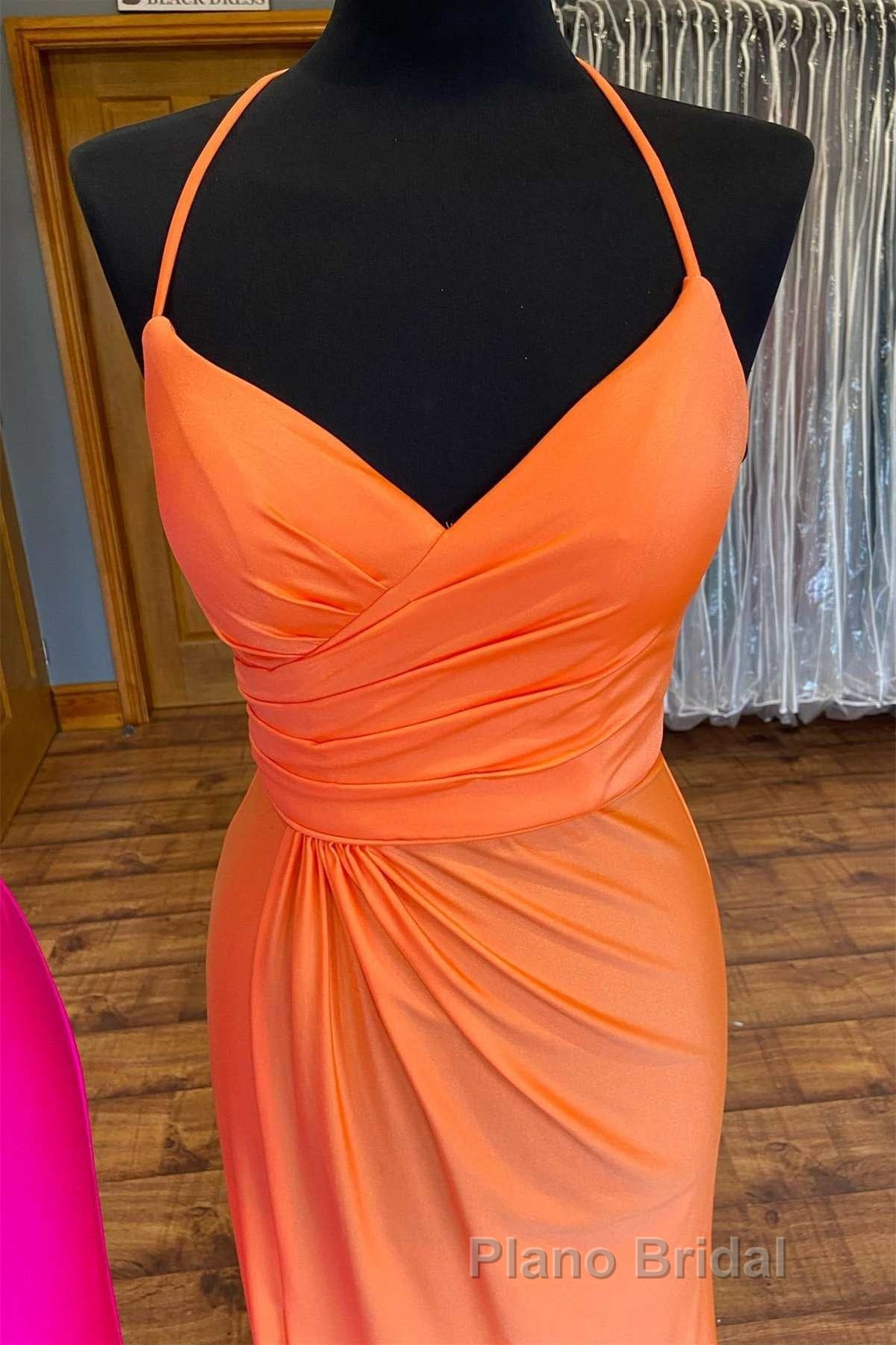 Orange Surplice Neck Backless Long Prom Dresses