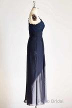 One-Shoulder Navy Blue Lace Long Bridesmaid Dresses