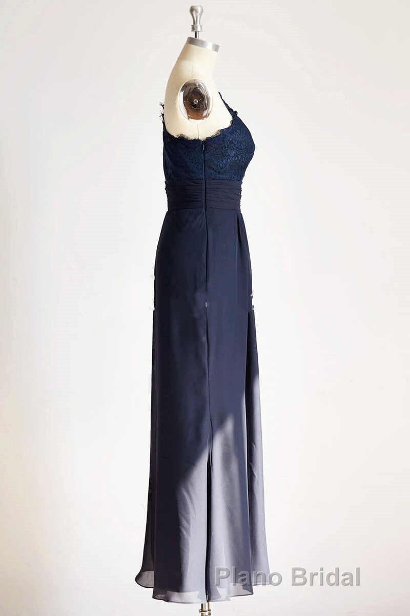One-Shoulder Navy Blue Lace Long Bridesmaid Dresses