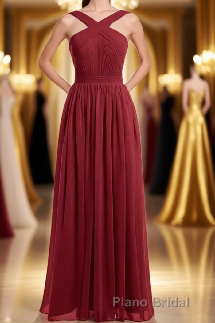 Red Chiffon Cross-Front A-Line Long Bridesmaid Dresses Main image