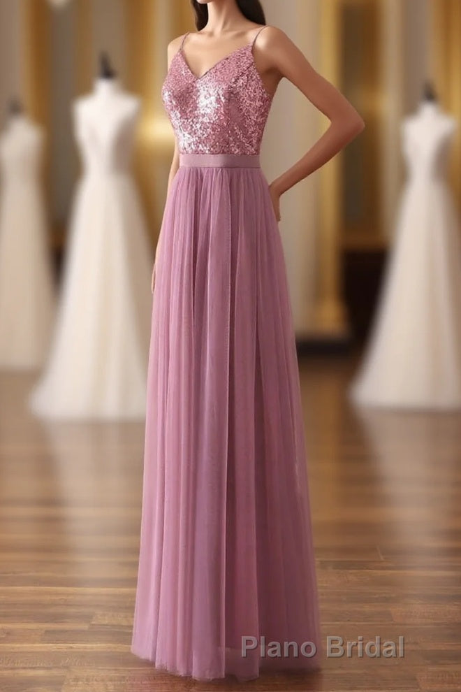 Dusty Purple Sequin Spaghetti Straps A-Line Long Bridesmaid Dresses