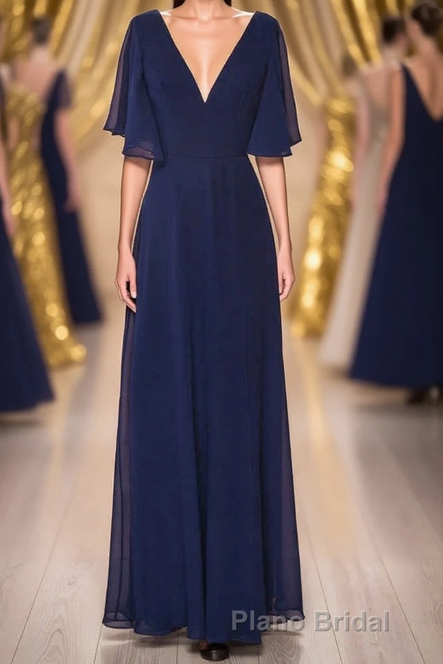 Navy Blue Chiffon V-Neck Ruffled Sleeve Long Bridesmaid Dresses Main image