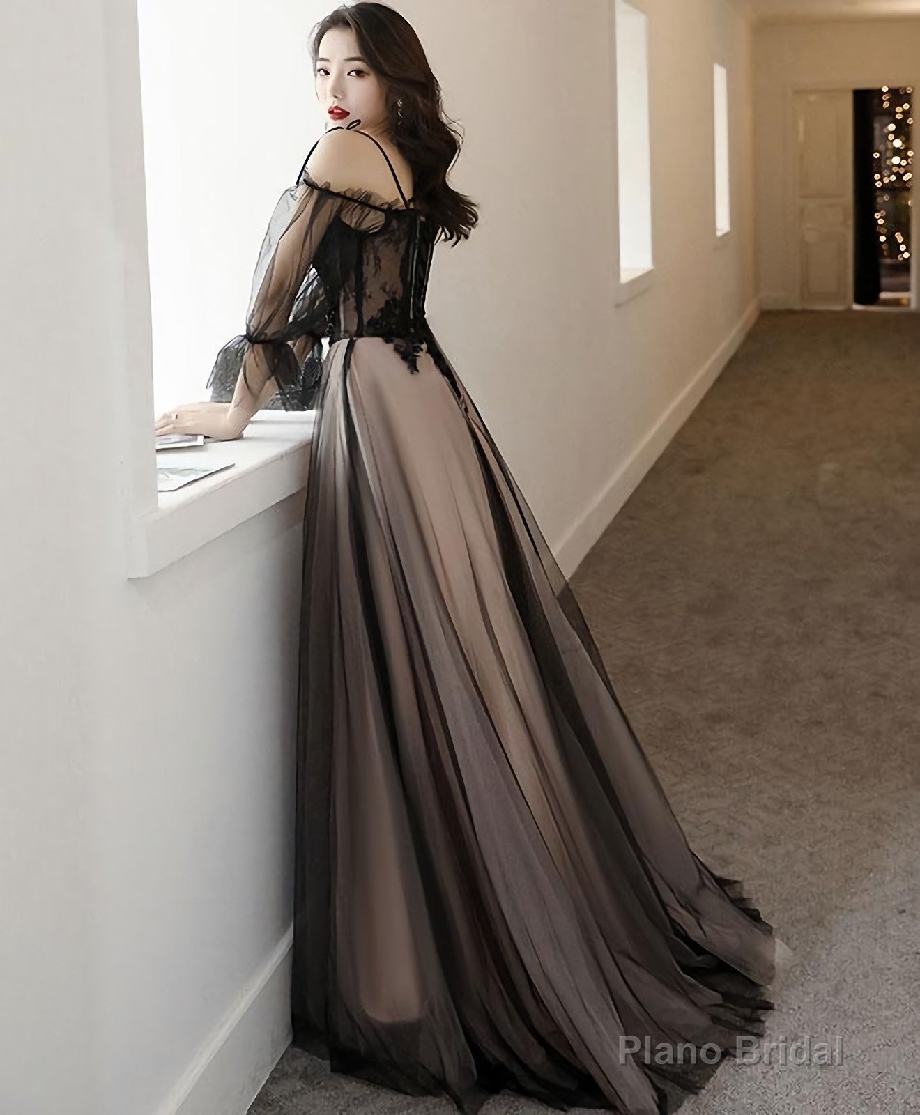 Black Tulle A Line Lace Long Prom Dress, Tulle Lace Formal Dress