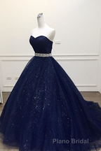 Navy Blue Ball Gown Court Train Sleeveless Mid Back Sparkle Formal Prom Dresses