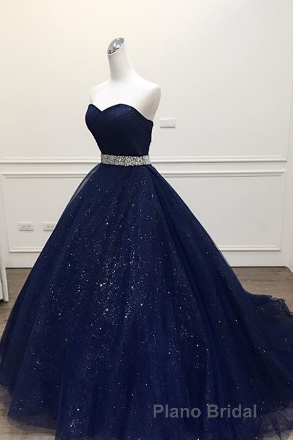 Navy Blue Ball Gown Court Train Sleeveless Mid Back Sparkle Formal Prom Dresses