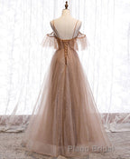 Champagne Tulle Sequin Long Formal Prom Dresses, Champagne Evening Dresses