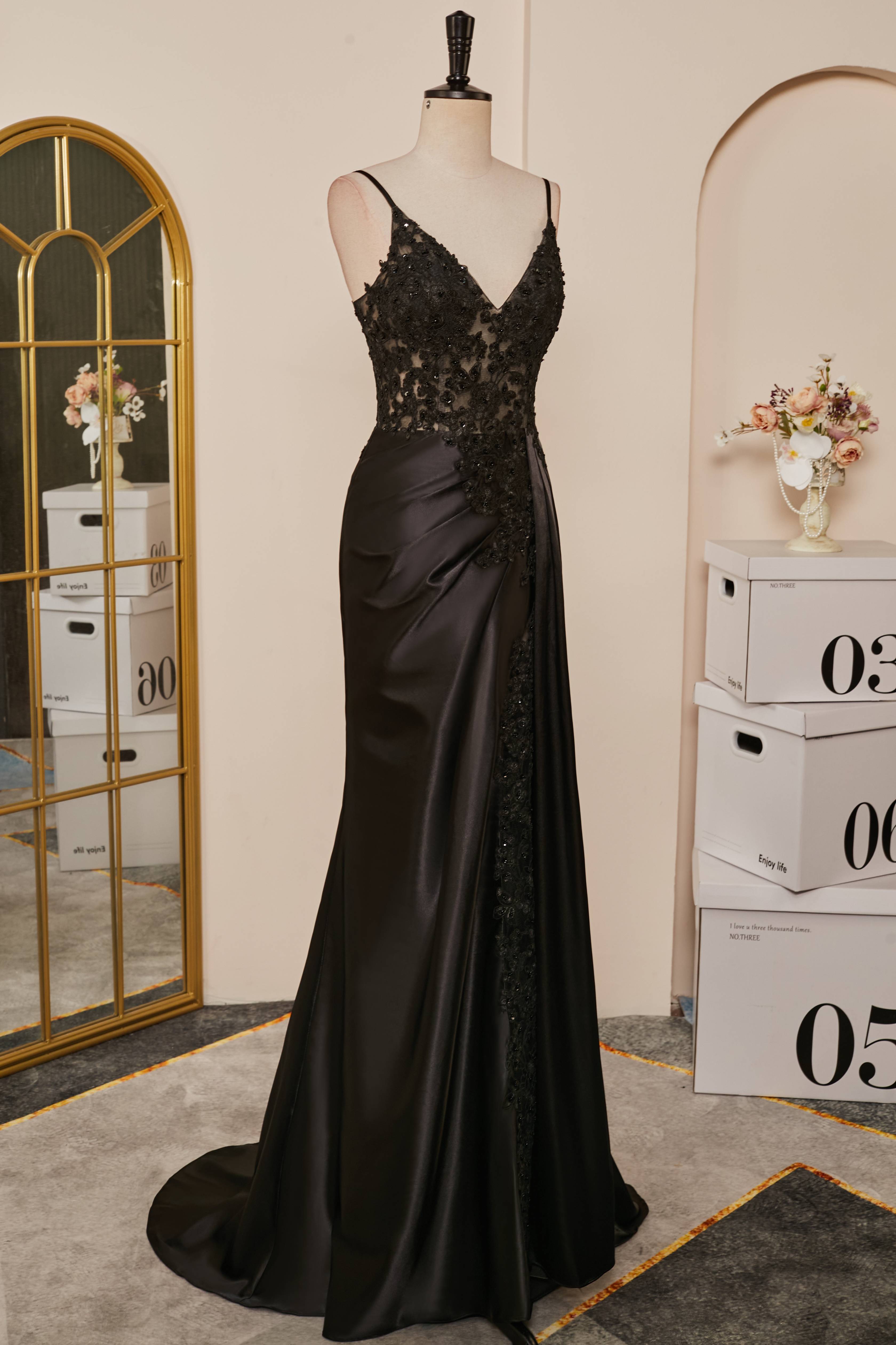 Black Mermaid Pluning V Appliques Long Prom Dress with Slit Secondary image