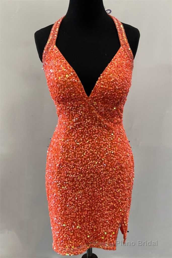 Orange Sequin Halter Fringe Short Homecoming Dress Main image